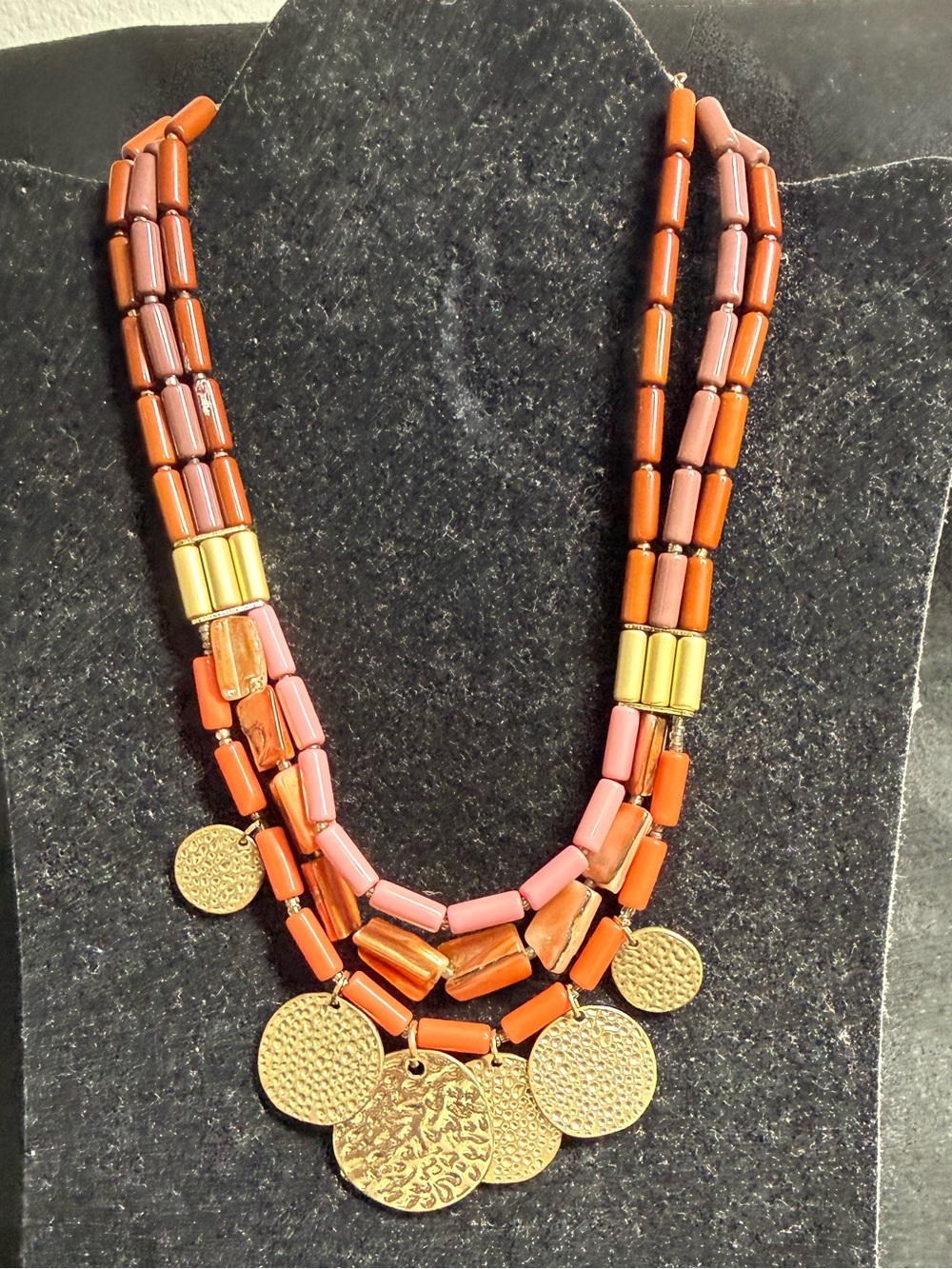 Vintage Italian Statement Necklace Coral Pink Gold Tone Medallion Italia